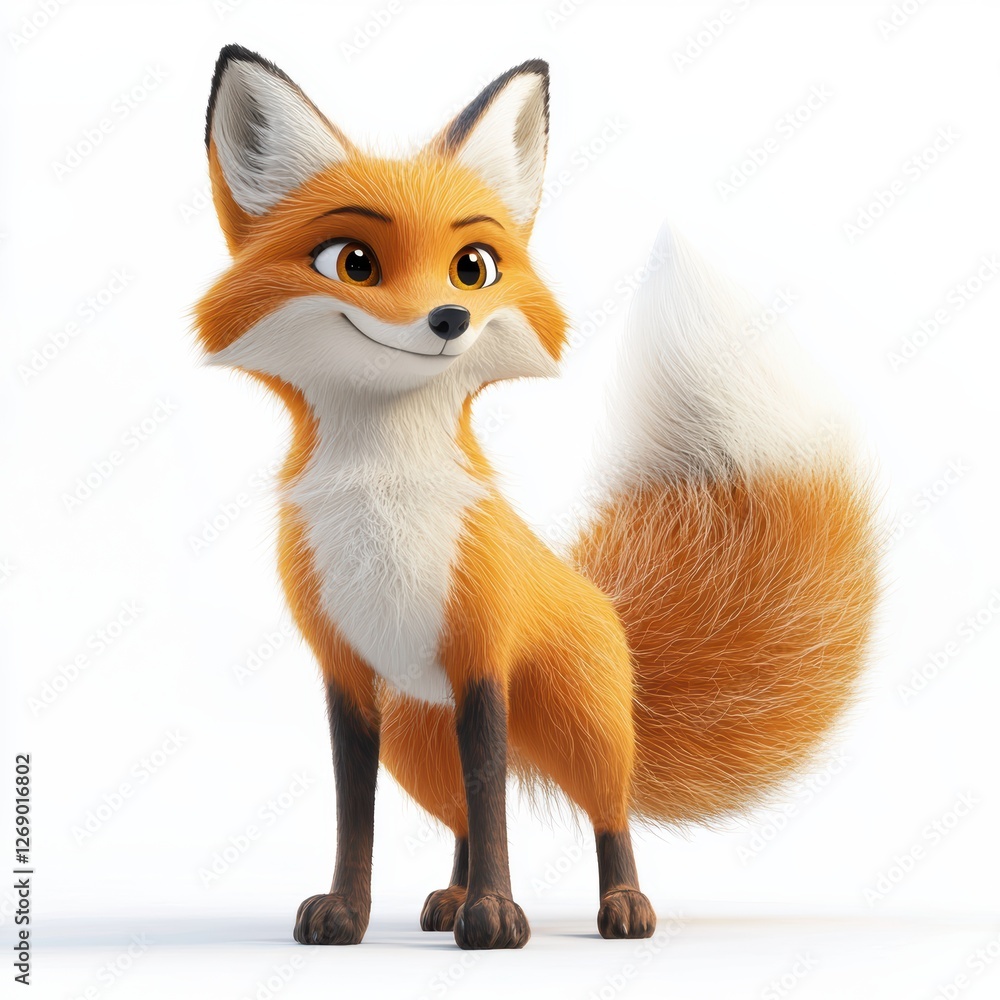 Fototapeta premium Friendly fox with a fluffy tail and bright eyes isolated on white