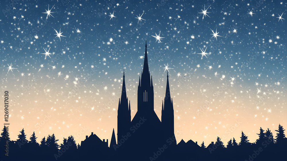 Fototapeta premium Silhouette of a Gothic-style cathedral against a starry sky, minimalist, hand-drawn style, with the stars depicted as hand-drawn cross stars