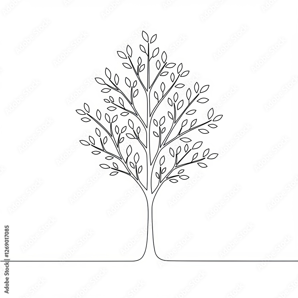Minimalistic line drawing of a tree with delicate branches and leaves on white background Minimalistic line drawing of a tree with delicate branches and leaves on white background