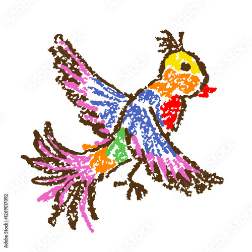 Tropical crazy fantastic doodle vibrant funny bird. Crayon like kid`s hand drawn bright colorful jungle flying character parrot or lark. Vector pastel chalk or pencil childlike simple cartoon naive ar