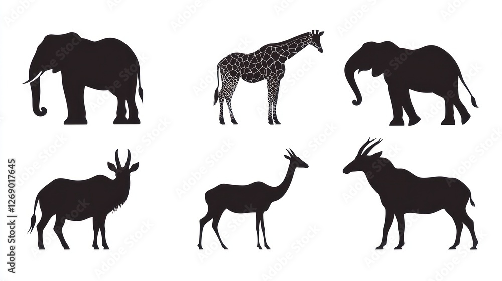 Fototapeta premium African wildlife silhouettes; elephants, giraffes, antelopes; safari; educational material