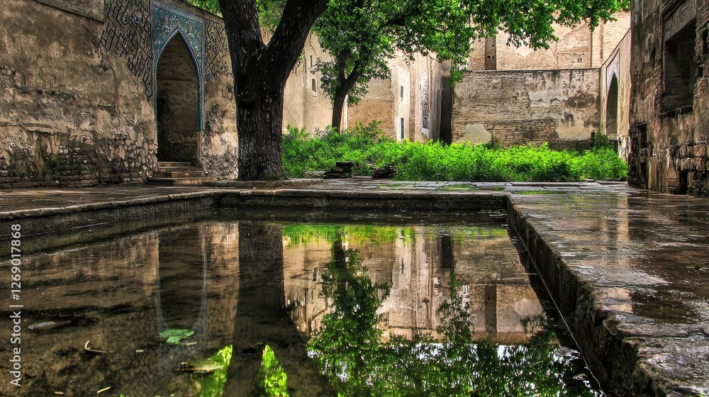 Naklejka premium Ancient courtyard reflecting pool, stone walls, lush trees, tranquil scene