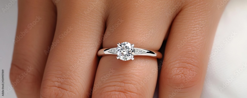 Bride s hand with a stunning engagement ring being adorned with a wedding band Bride s hand with a stunning engagement ring being adorned with a wedding band