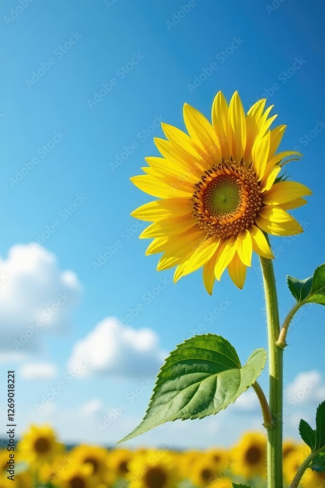 Sunflower blossom against a clear blue sky with fluffy white clouds, blue, field Sunflower blossom against a clear blue sky with fluffy white clouds, blue, field