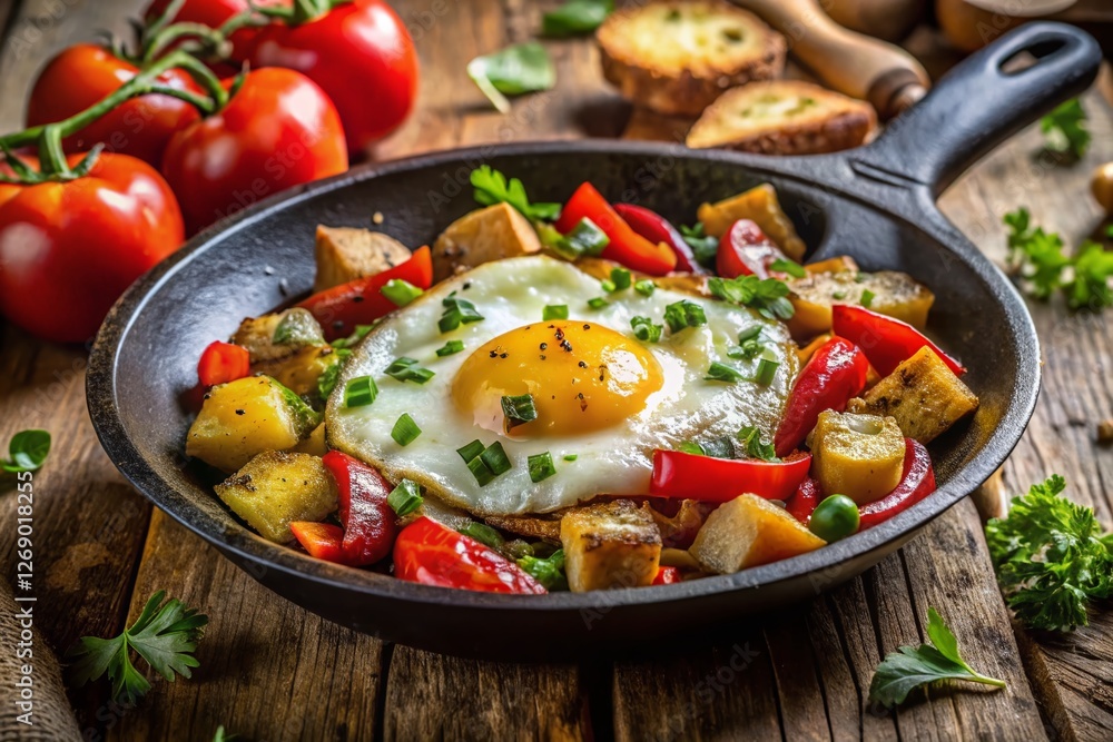 Macro Shot: Sunny-Side Up Fried Egg with Roasted Potatoes & Peppers Macro Shot: Sunny-Side Up Fried Egg with Roasted Potatoes & Peppers