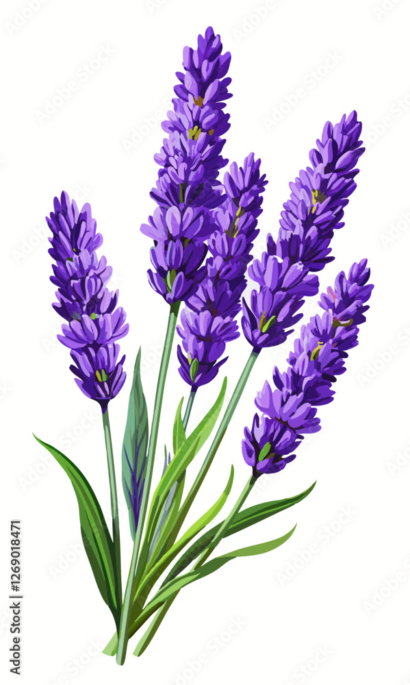 Obraz premium An elegant arrangement of lavender blooms with delicate petals and slender leaves set against a clean white background.