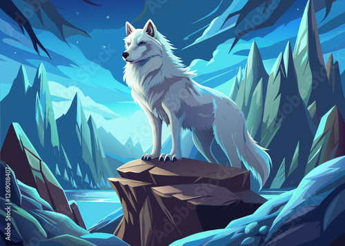 A serene scene of a white wolf gazing into the distance from a cliff in a snowy landscape.
