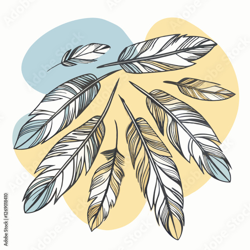 Stunning feather illustration with bold patterns and warm tones.