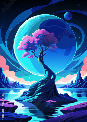 Magical Pink Tree in a Swirling Cosmic Sphere in a Fantasy World.