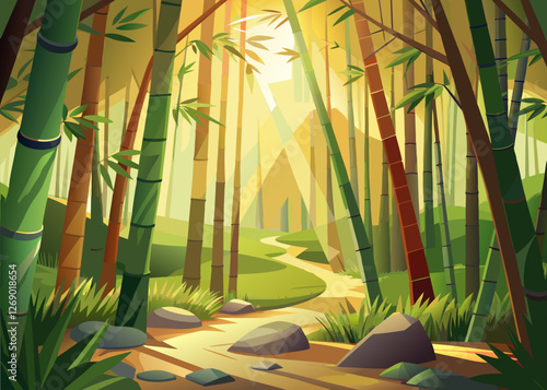 A tranquil bamboo forest with sunlight filtering through tall trees and lush greenery.