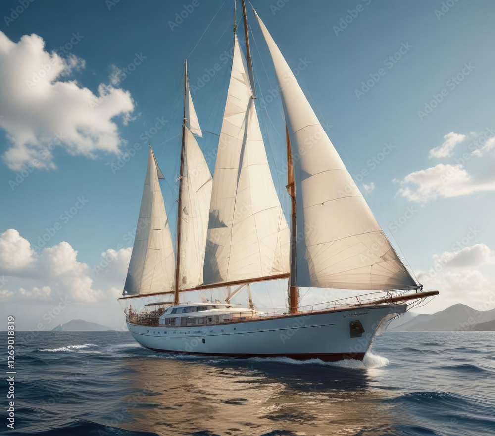 Fototapeta premium Elegant classic yacht with billowing white sails, sailboat, classic, sea