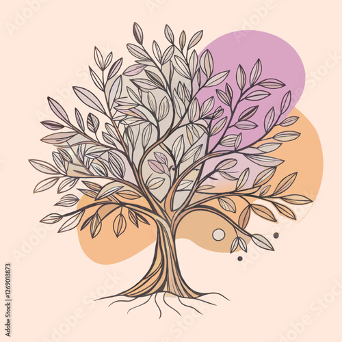 Detailed tree illustration with sprawling branches and roots.