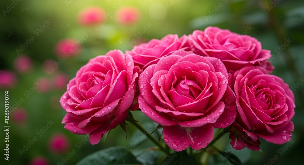 Vibrant pink roses with dewdrops in serene garden setting Vibrant pink roses with dewdrops in serene garden setting