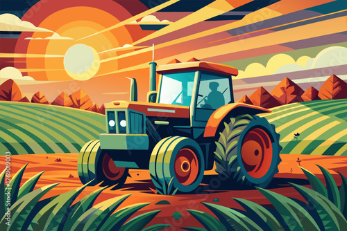 Colorful illustration of a tractor plowing the fields at sunset with a farmer inside.
