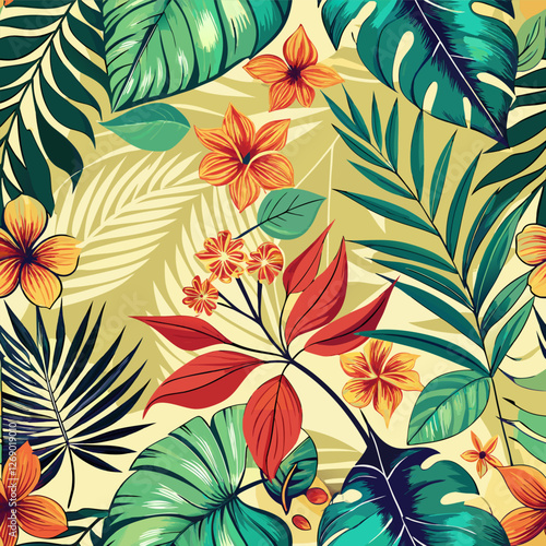 Vibrant tropical seamless pattern with exotic flowers and green foliage. . Seamless Pattern.