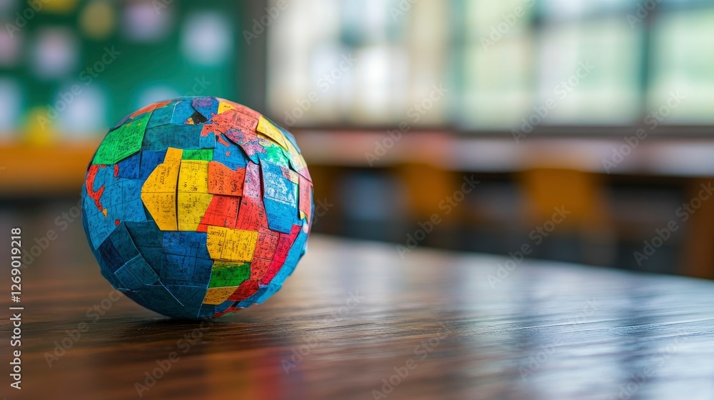 Colorful Paper Mache Globe on Classroom Desk - Global Education Concept Colorful Paper Mache Globe on Classroom Desk - Global Education Concept