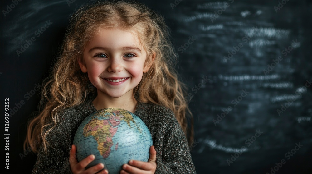 Happy Little Girl Holding a Globe in Front of a Blackboard Happy Little Girl Holding a Globe in Front of a Blackboard