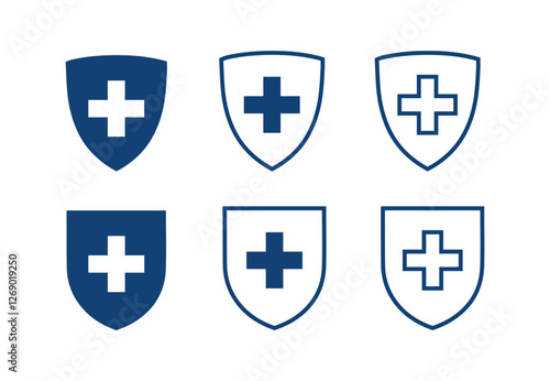 set of Health insurance icon, Insurance health, medical health protection shield with cross set icons, healthcare medicine protected guard shield concept, safety badge icon, security safeguard label .
