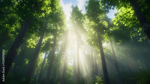 Sun rays shining through a misty forest path in the morning photo