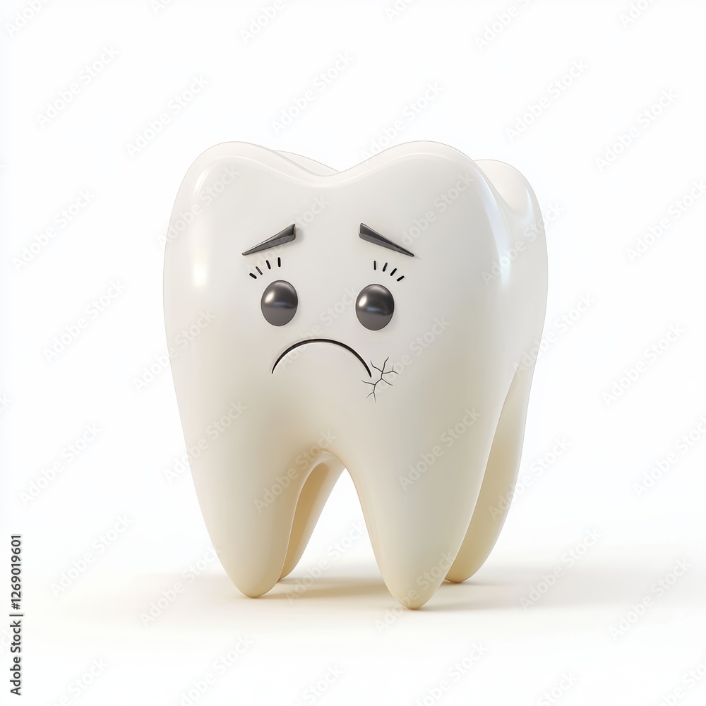 Sad tooth with a tiny crack and a worried expression isolated on white Sad tooth with a tiny crack and a worried expression isolated on white