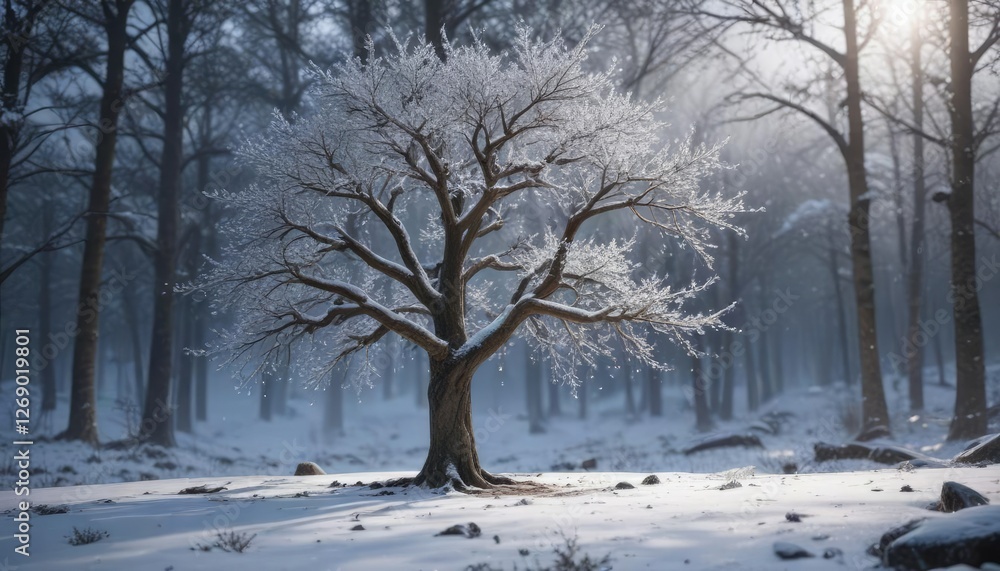 Falling snowflakes gently cover the branches of a lone tree in the forest, peaceful nature, serene landscape, snowfall scenery Falling snowflakes gently cover the branches of a lone tree in the forest, peaceful nature, serene landscape, snowfall scenery