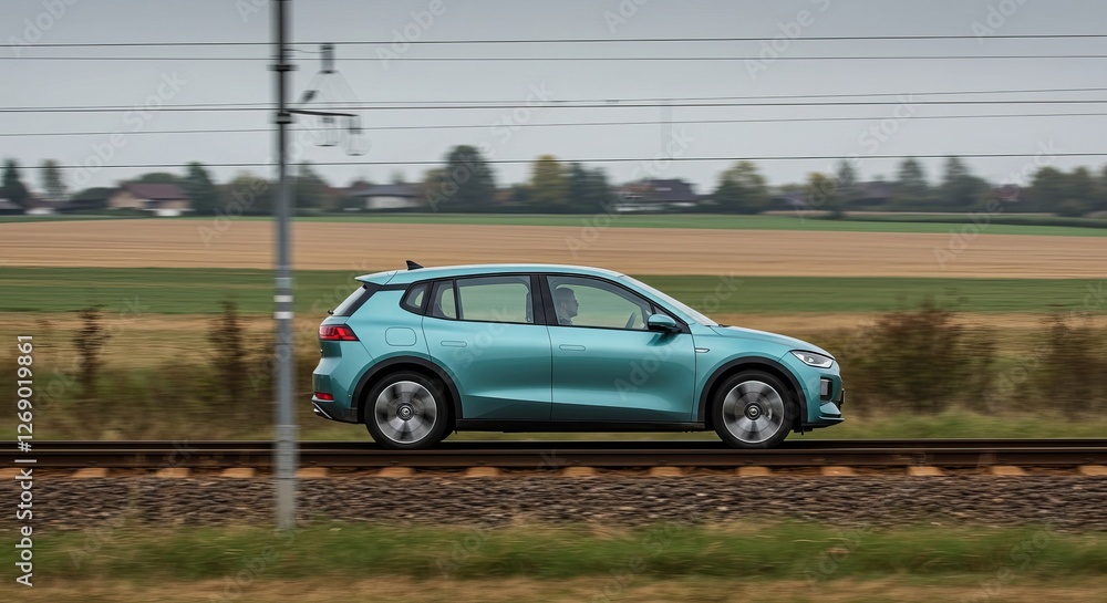 Fototapeta premium Electric car driving on railroad tracks in rural countryside setting