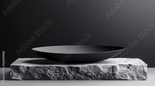 Black bowl on rough stone.