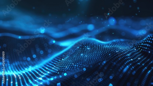 Abstract picture of blue light particle with digital technology style design connecting become dynamic of electric wave movement represent about flowing of data or structure of network system. AIG53.