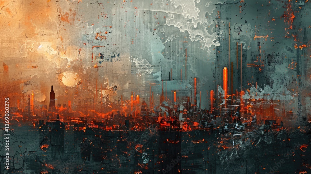 Naklejka premium A dramatic urban landscape featuring distressed textures and amber light effects, capturing the essence of a vibrant city at dusk with an artistic touch.