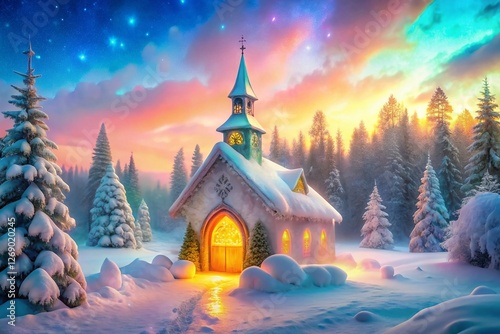 Magical Ice Chapel in Snowy Meadow - Watercolor Winter Wonderland