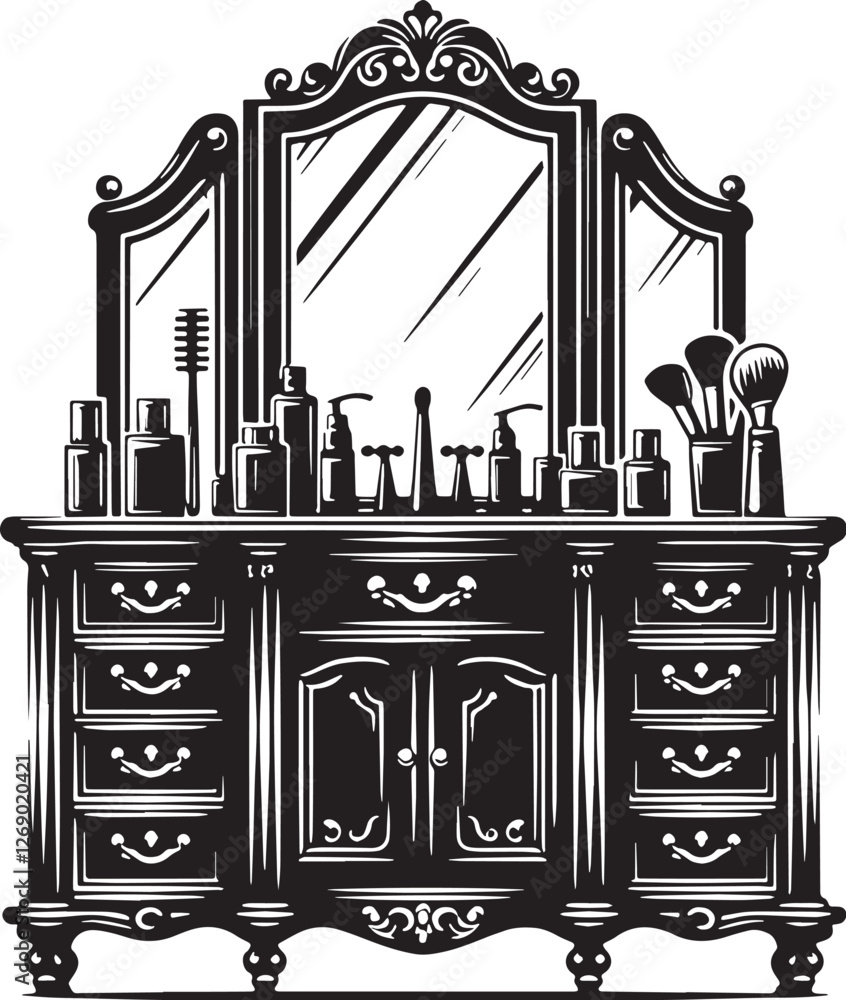 Obraz premium Black Color Vanity Cabinet Silhouette Vector Illustration design, Solid White Background