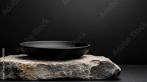 Black bowl on rustic stone, dark background.