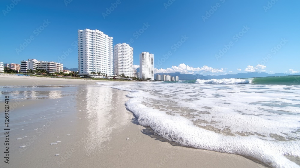 Beachfront condos, ocean waves, clear sky, tropical vacation Beachfront condos, ocean waves, clear sky, tropical vacation