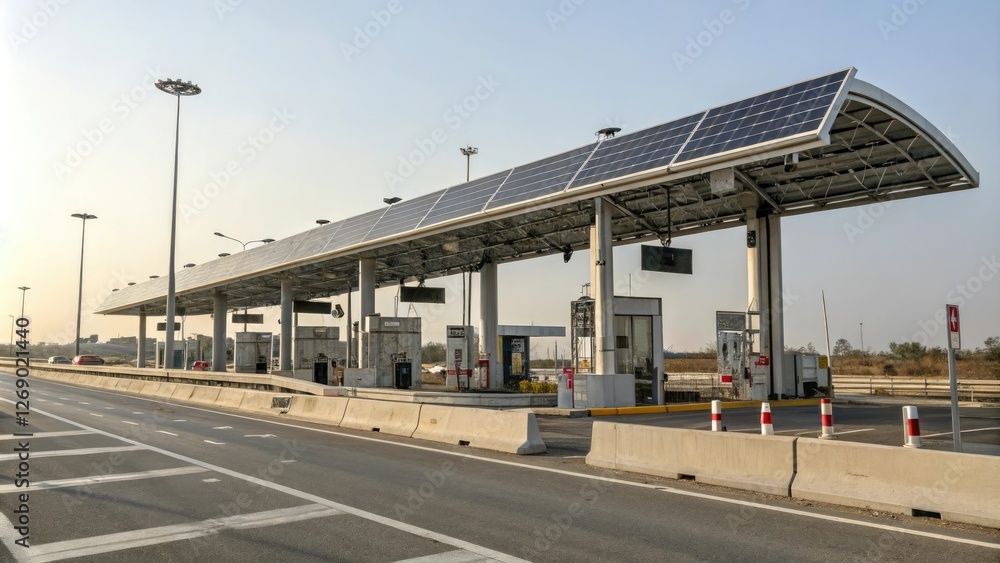 Freeway toll booth with solar-powered payment system, renewable energy, green energy Freeway toll booth with solar-powered payment system, renewable energy, green energy