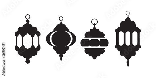 Black ramadan lanterns. Famous line lantern, arabic lamps silhouettes vintage egyptian moroccan dubai eastern lamp for islamic mosque or arabian lighting, vector illustration of lantern 