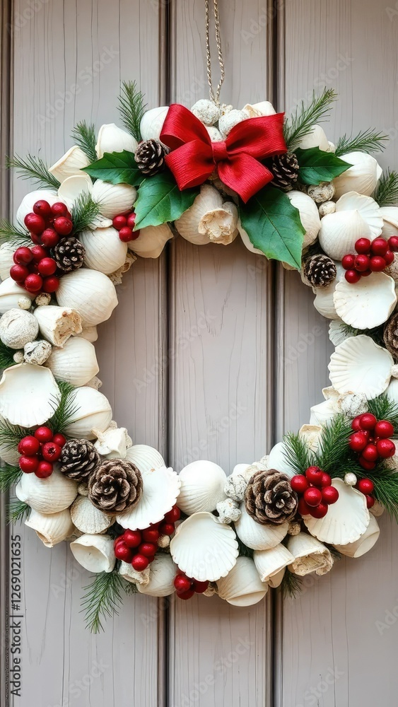 Seashell Christmas wreath with pinecones and holly, seasonal, winter wonderland Seashell Christmas wreath with pinecones and holly, seasonal, winter wonderland