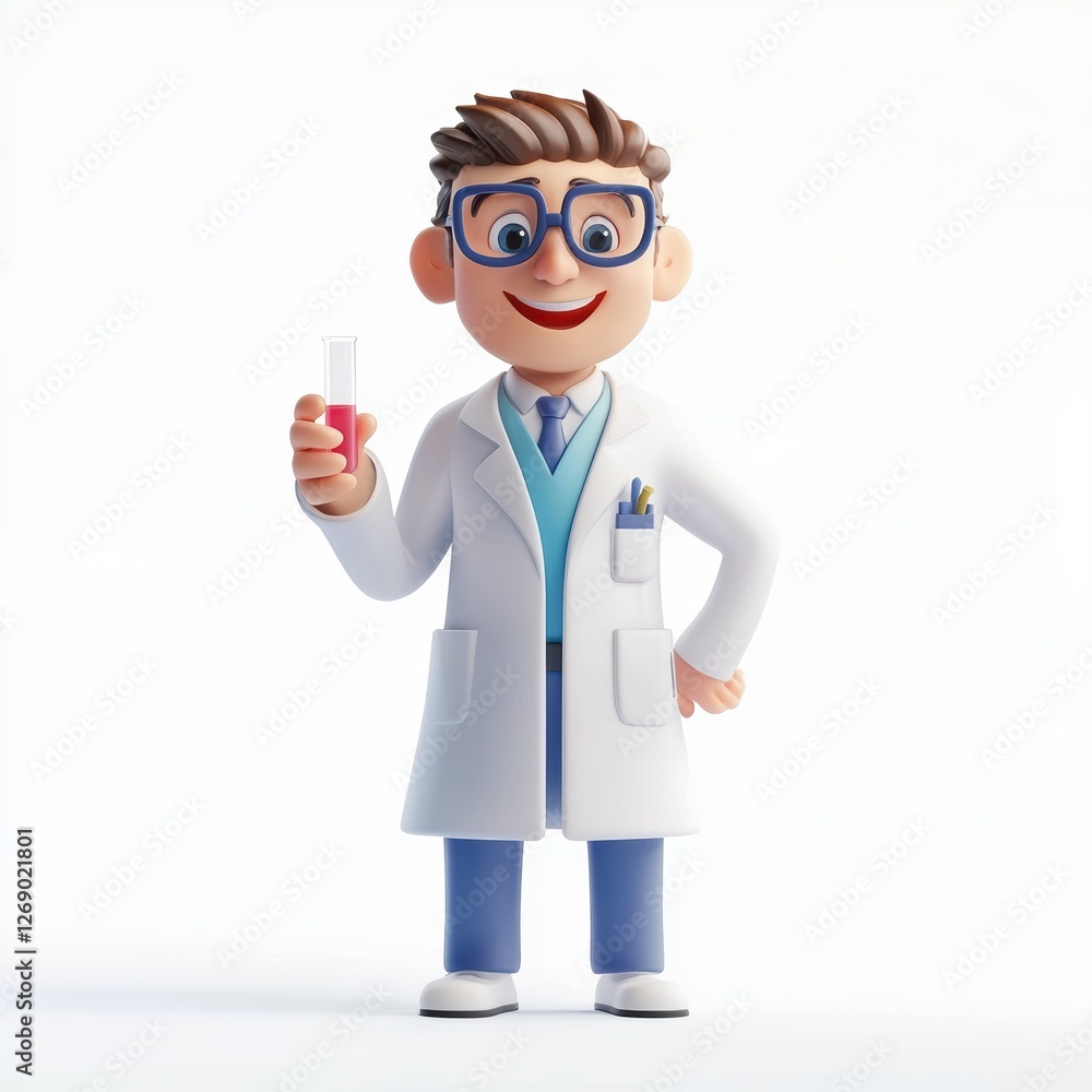 Tooth scientist in a lab coat holding a test tube isolated on white Tooth scientist in a lab coat holding a test tube isolated on white