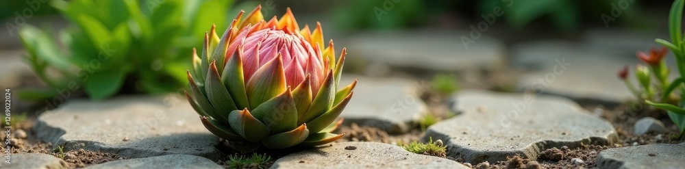 Prickly artichoke on uneven stone ground surface, garden, stone Prickly artichoke on uneven stone ground surface, garden, stone