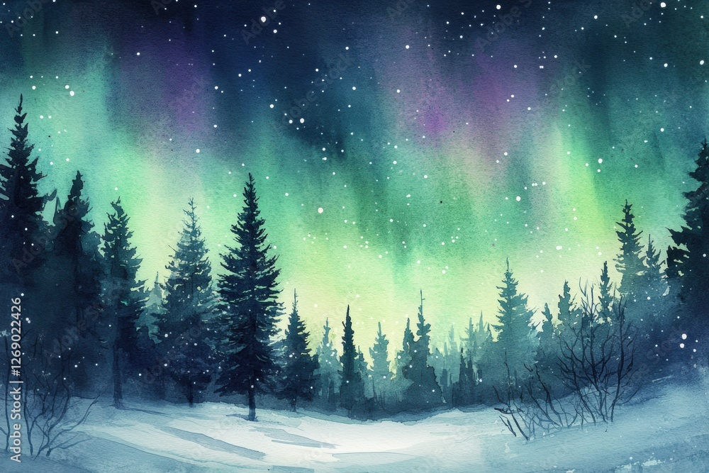 Fototapeta premium Majestic northern lights illuminate a snowy forest landscape on a clear winter night with vibrant colors and serene atmosphere. Generative AI