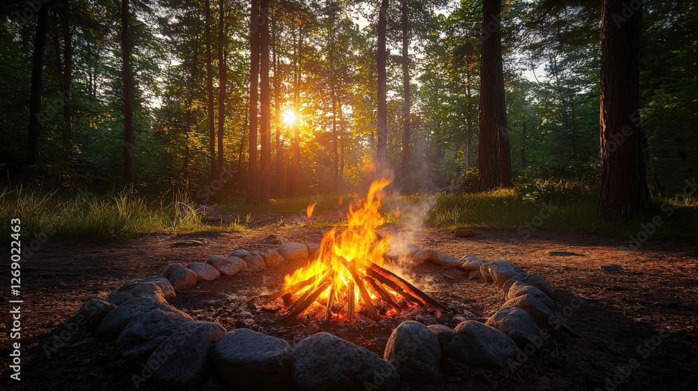 Warm Campfire at Sunset in Serene Forest Setting, Nature Background Warm Campfire at Sunset in Serene Forest Setting, Nature Background
