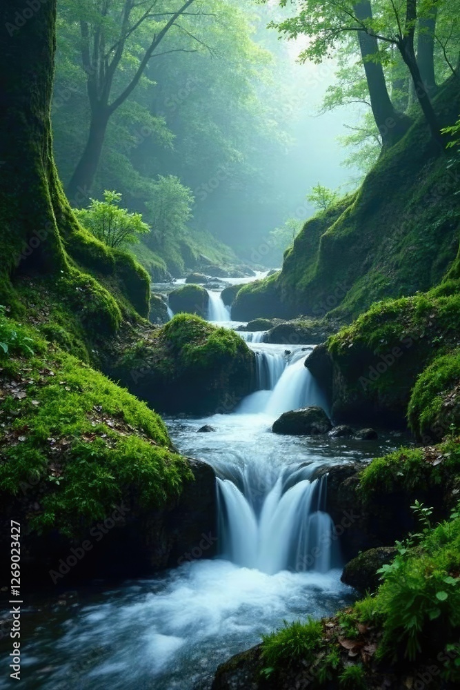 Misty veil of water cascading over moss covered forest floor, mist, nature Misty veil of water cascading over moss covered forest floor, mist, nature