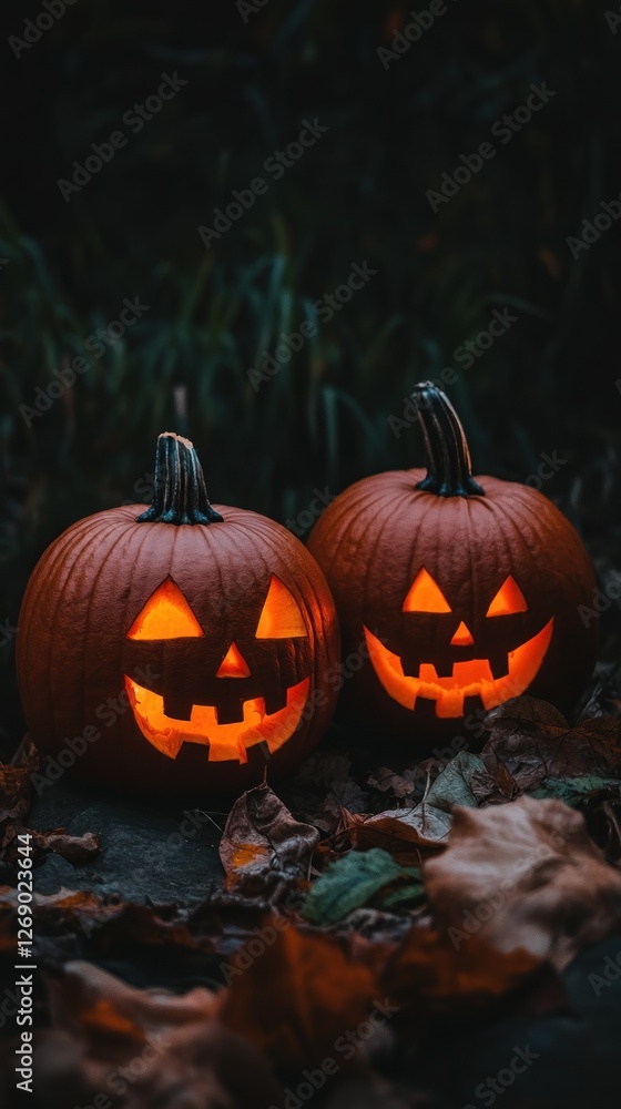 Two carved pumpkins with glowing faces, set in a dark, autumnal environment. Two carved pumpkins with glowing faces, set in a dark, autumnal environment.
