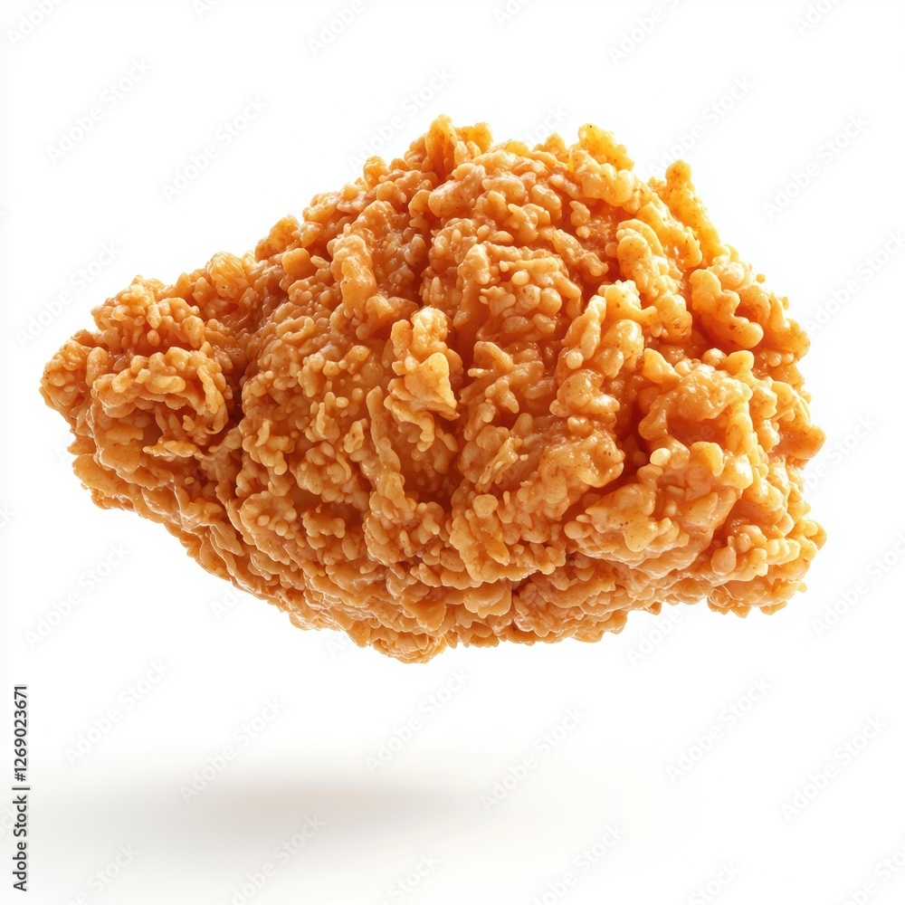 Of Hovering deep-fried chicken with crunchy coating isolated on white Of Hovering deep-fried chicken with crunchy coating isolated on white
