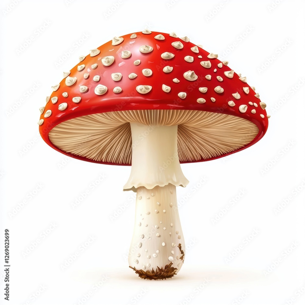 Of Hovering fly agaric mushroom with bright red cap and white spots isolated on white Of Hovering fly agaric mushroom with bright red cap and white spots isolated on white