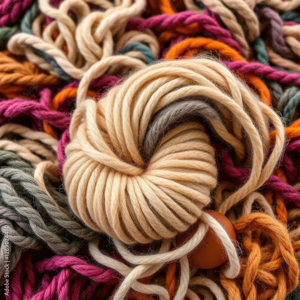 Handmade wool yarn on a pile of blended roving with drop spindle spinning, wool, spin Handmade wool yarn on a pile of blended roving with drop spindle spinning, wool, spin