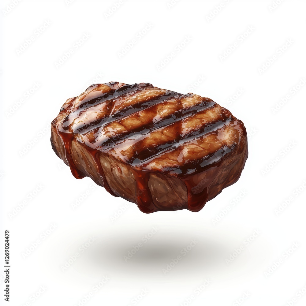 Of Levitating steak with thick grill sear lines isolated on white