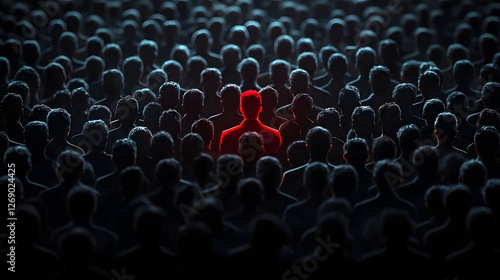 A dense crowd of matte black silhouettes, with a striking red figure in sharp contrast under a spotlight, emphasizing the peril of insider threats in data environments.