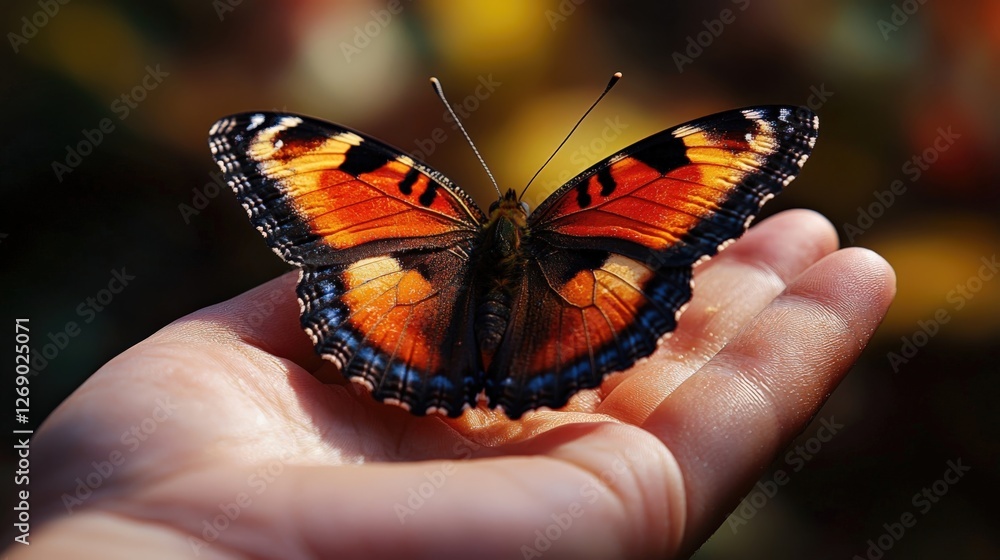 Vibrant Monarch Butterfly Resting on a Human Hand in Nature Vibrant Monarch Butterfly Resting on a Human Hand in Nature