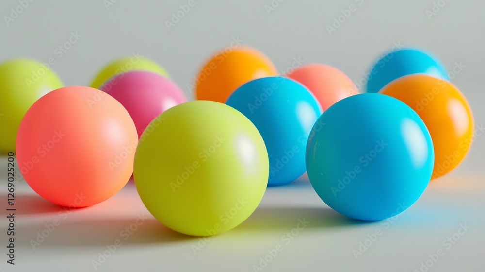 3D rendering of a colorful set of spheres. The spheres are of different sizes and colors, and they are all arranged in a random order.