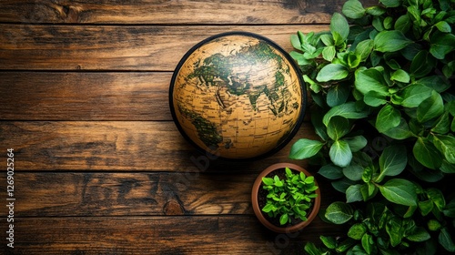 Vintage Globe and Lush Greenery on Rustic Wooden Background Global Sustainability Concept